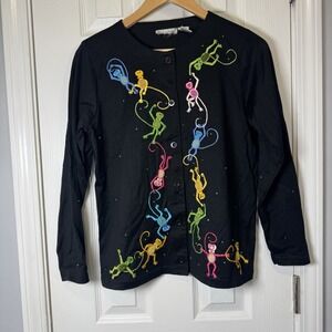 Michael Simon Lite Womens BlackbMonkey Embroidered Cardigan Sweater Small Cotton